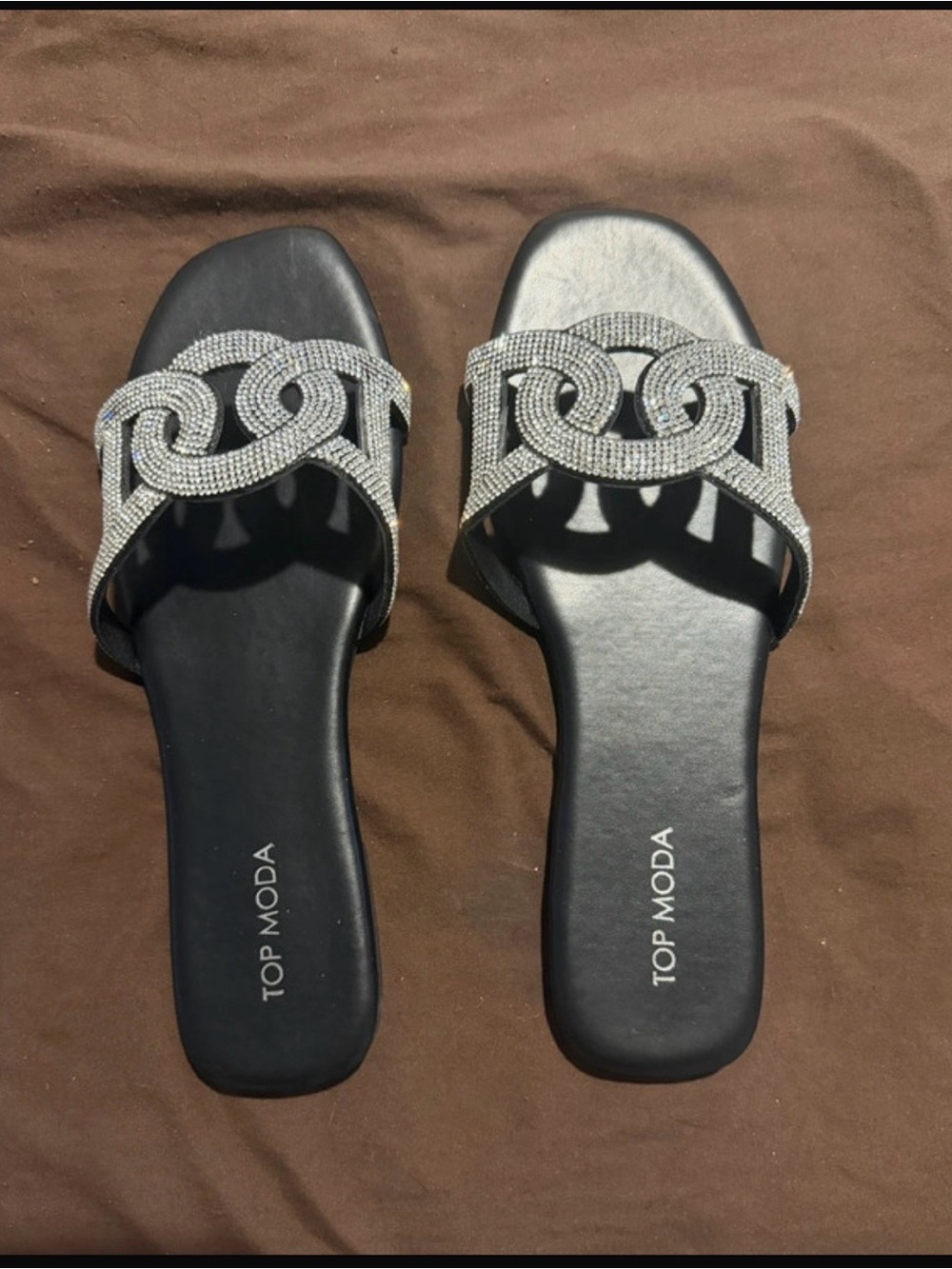 TOP Moda Black Slide Sandals with Silver Crystal Chain Detail